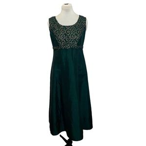 Green with Gold Ribbon and Beaded Embellished Bodice